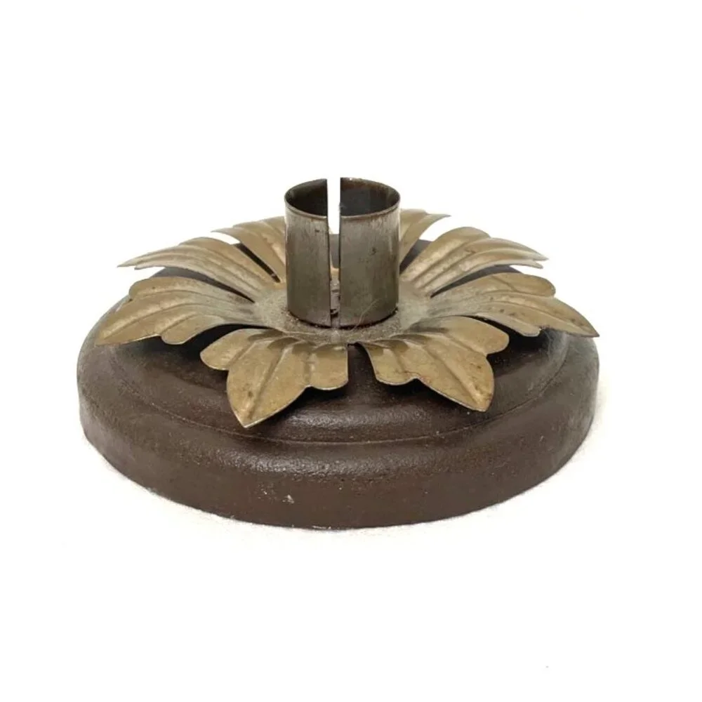 Vtg Wood & Metal Taper Candlestick Holder Flower Brown Antique‎ Brass Toned